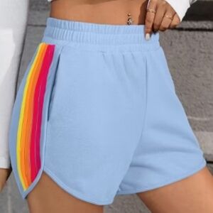 Blue Color Block Stripe Elastic High Waist Sweat Shorts / Size XL